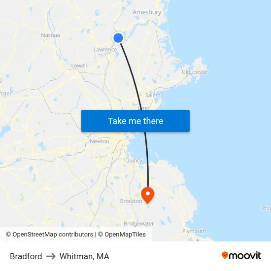 Bradford to Whitman, MA map