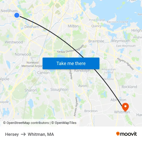 Hersey to Whitman, MA map