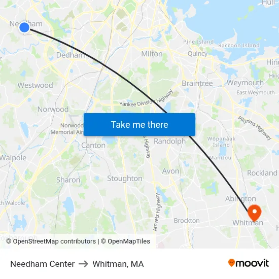 Needham Center to Whitman, MA map