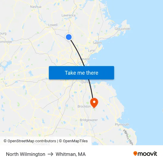 North Wilmington to Whitman, MA map