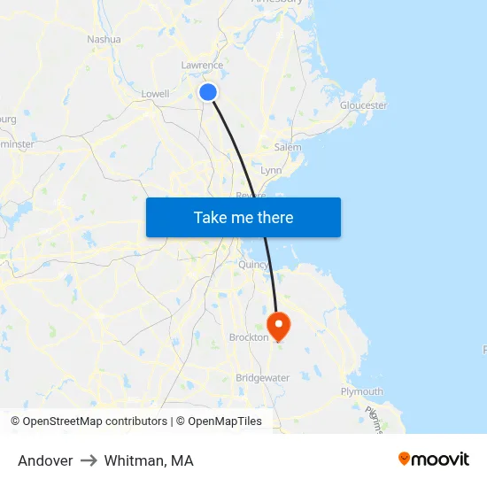 Andover to Whitman, MA map