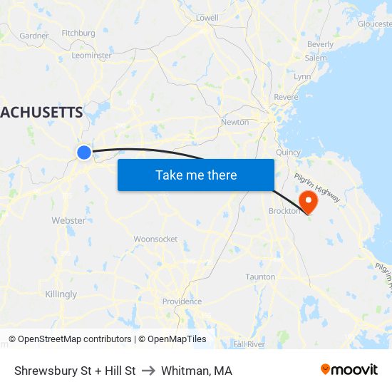 Shrewsbury St + Hill St to Whitman, MA map