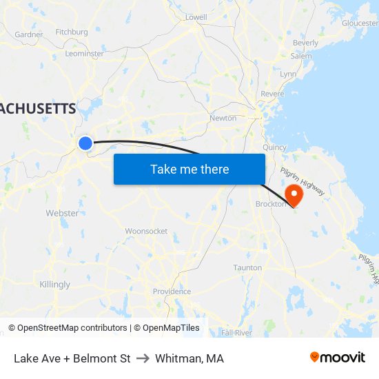 Lake Ave + Belmont St to Whitman, MA map