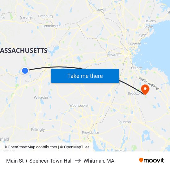 Main St + Spencer Town Hall to Whitman, MA map