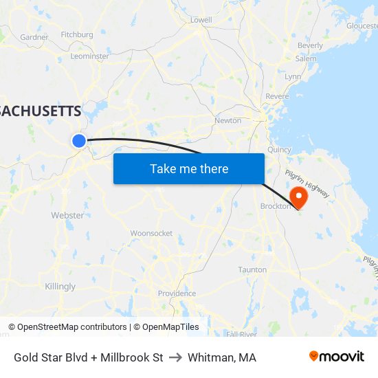Gold Star Blvd + Millbrook St to Whitman, MA map