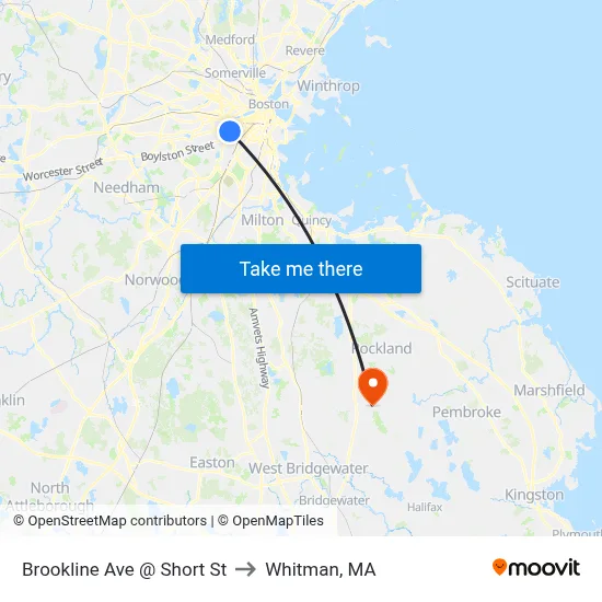 Brookline Ave @ Short St to Whitman, MA map