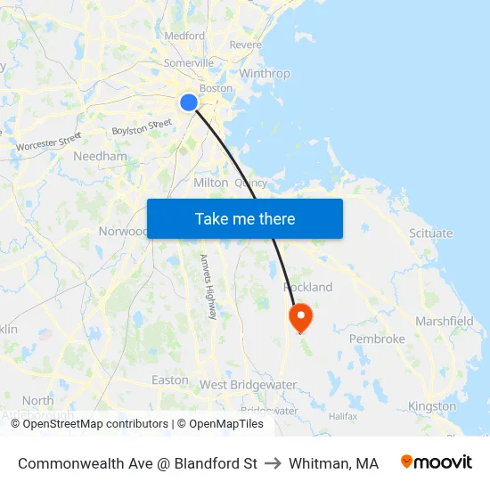 Commonwealth Ave @ Blandford St to Whitman, MA map