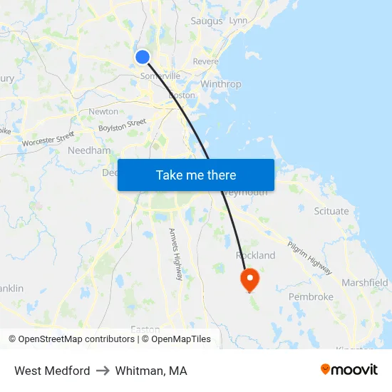West Medford to Whitman, MA map