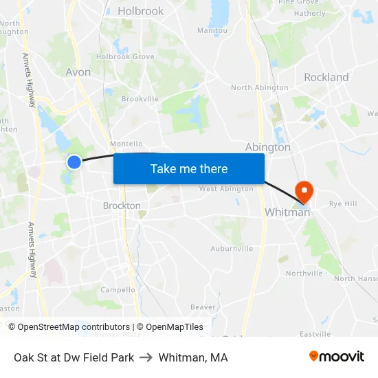 Oak St at Dw Field Park to Whitman, MA map