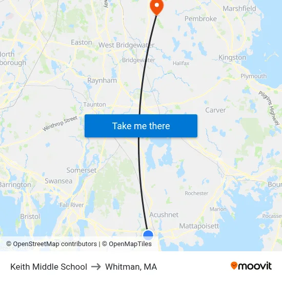 Keith Middle School to Whitman, MA map