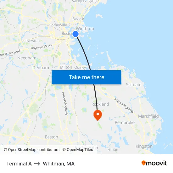 Terminal A to Whitman, MA map