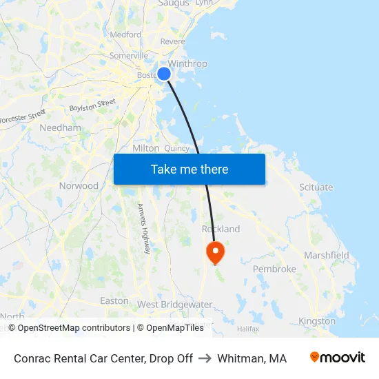 Conrac Rental Car Center, Drop Off to Whitman, MA map