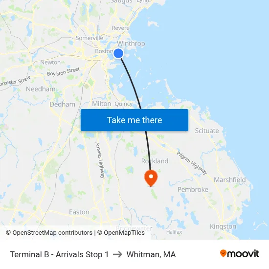 Terminal B - Arrivals Stop 1 to Whitman, MA map