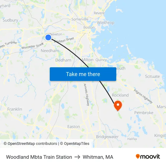 Woodland Mbta Train Station to Whitman, MA map
