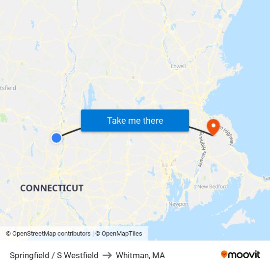 Springfield / S Westfield to Whitman, MA map
