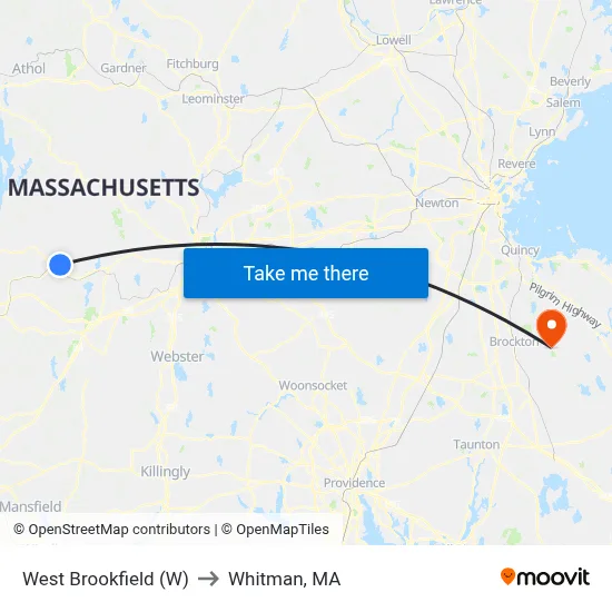 West Brookfield (W) to Whitman, MA map