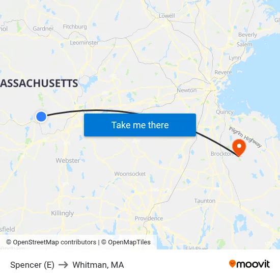 Spencer (E) to Whitman, MA map