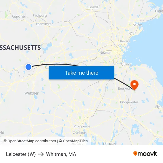 Leicester (W) to Whitman, MA map