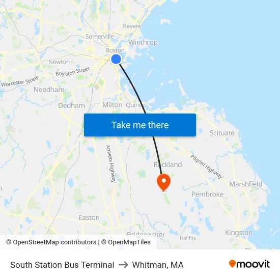 South Station Bus Terminal to Whitman, MA map