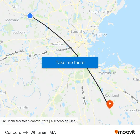 Concord to Whitman, MA map