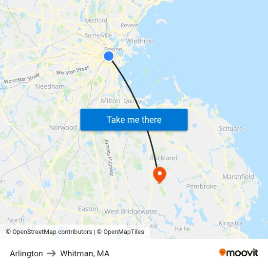 Arlington to Whitman, MA map