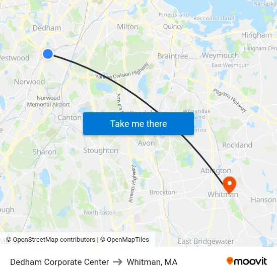 Dedham Corporate Center to Whitman, MA map