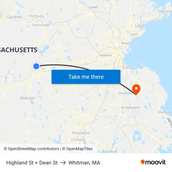 Highland St + Dean St to Whitman, MA map