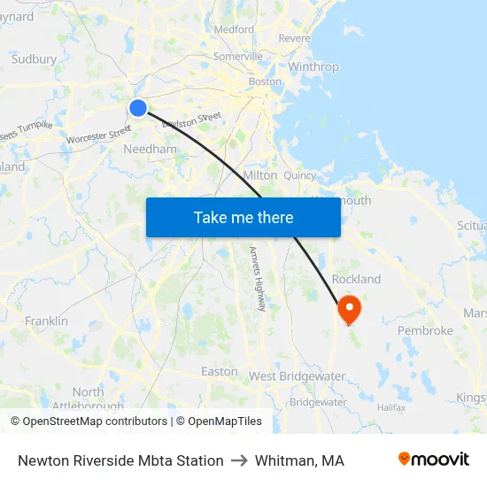 Newton Riverside Mbta Station to Whitman, MA map