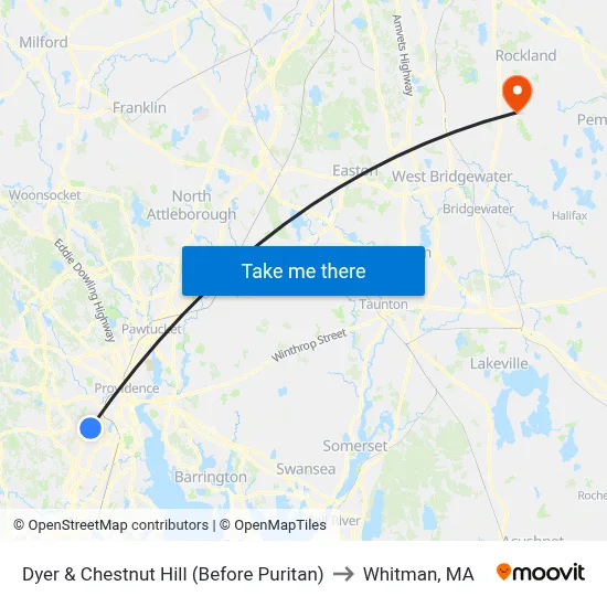 Dyer & Chestnut Hill (Before Puritan) to Whitman, MA map
