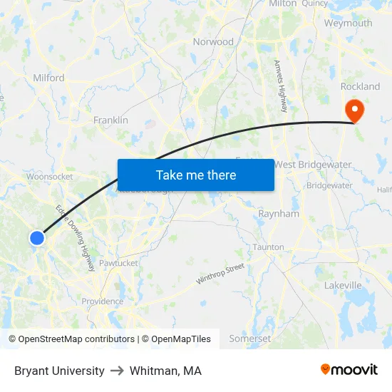 Bryant University to Whitman, MA map