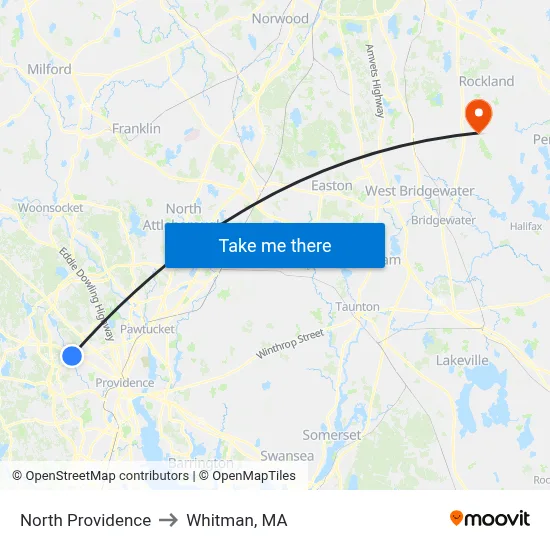 North Providence to Whitman, MA map
