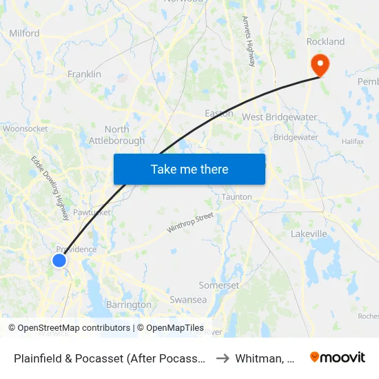Plainfield & Pocasset (After Pocasset) to Whitman, MA map