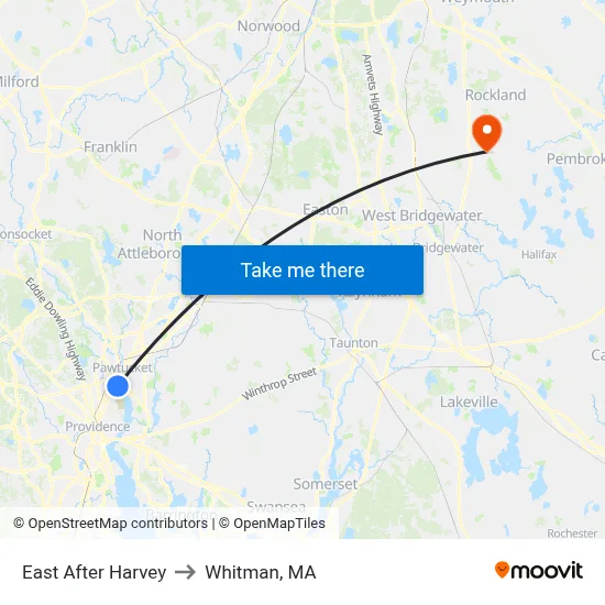 East After Harvey to Whitman, MA map