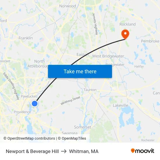 Newport & Beverage Hill to Whitman, MA map