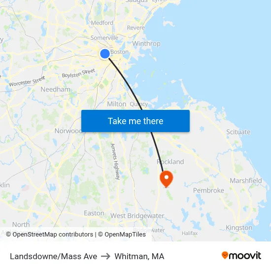Landsdowne/Mass Ave to Whitman, MA map