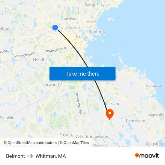 Belmont to Whitman, MA map