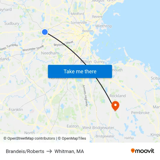 Brandeis/Roberts to Whitman, MA map