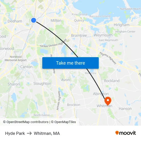 Hyde Park to Whitman, MA map