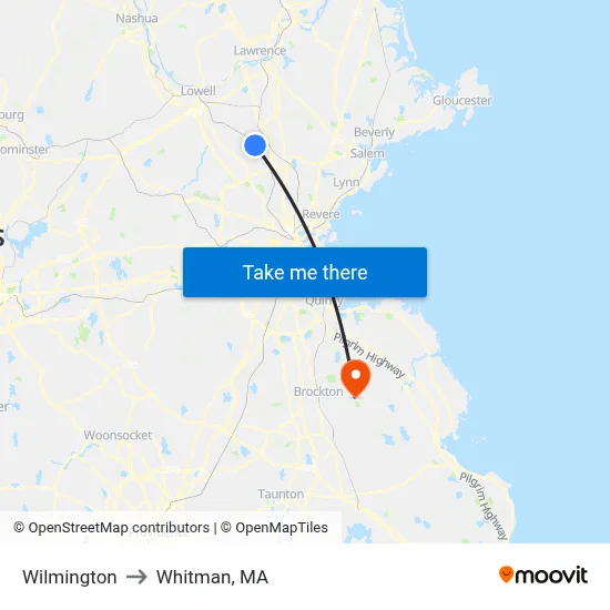 Wilmington to Whitman, MA map
