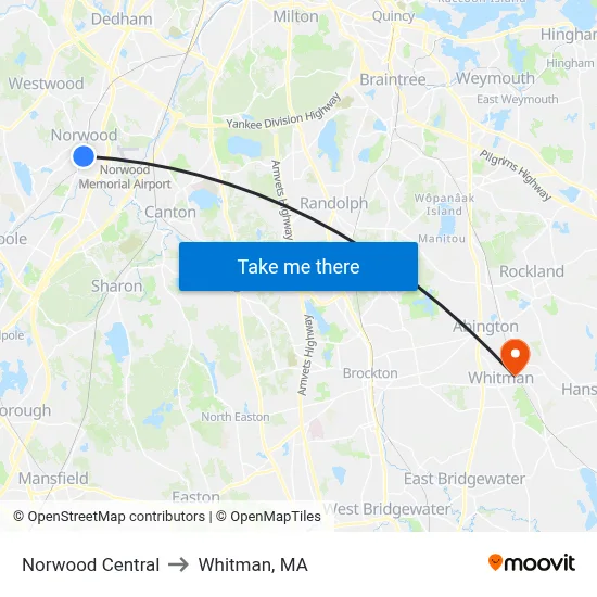 Norwood Central to Whitman, MA map