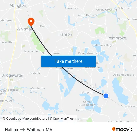 Halifax to Whitman, MA map