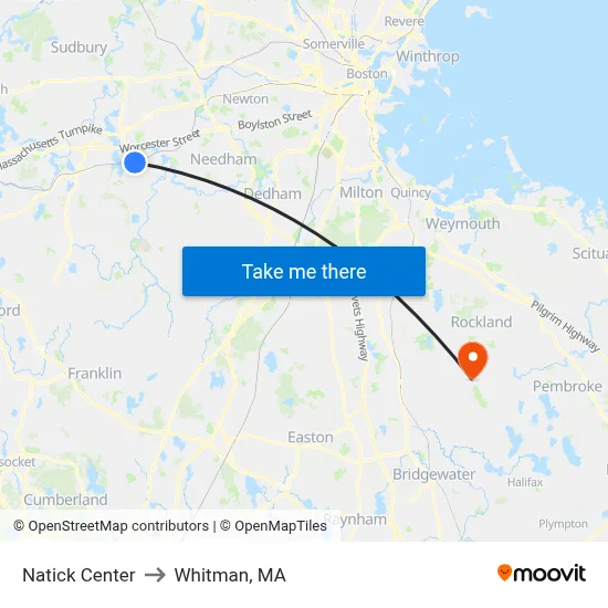 Natick Center to Whitman, MA map