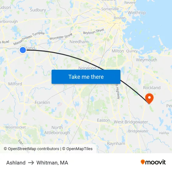 Ashland to Whitman, MA map