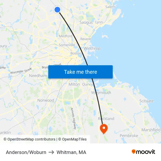 Anderson/Woburn to Whitman, MA map