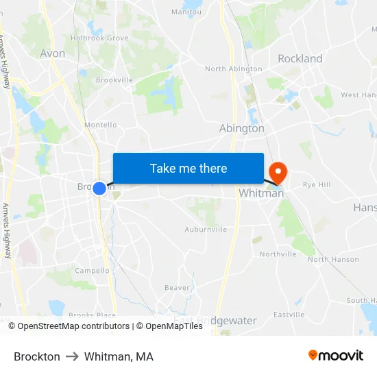 Brockton to Whitman, MA map