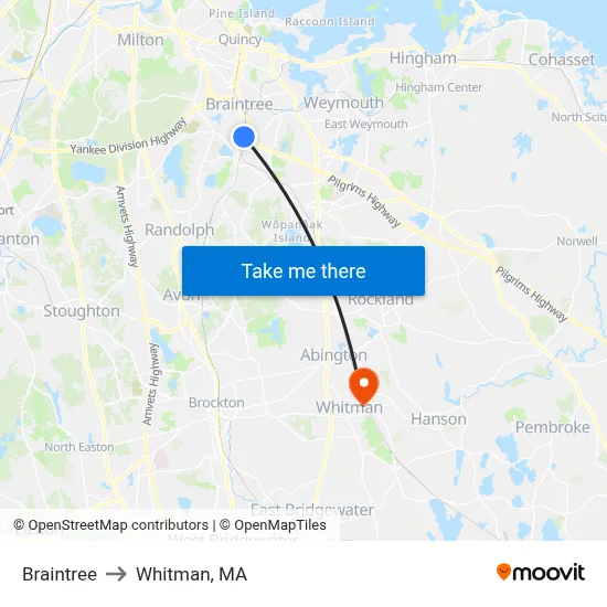 Braintree to Whitman, MA map