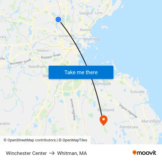Winchester Center to Whitman, MA map
