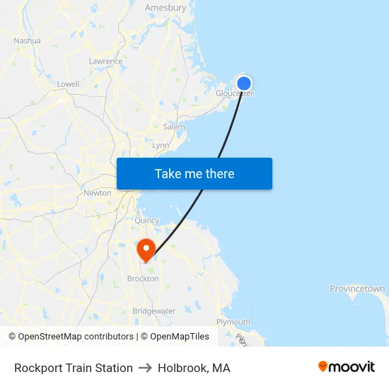 Rockport Train Station to Holbrook, MA map