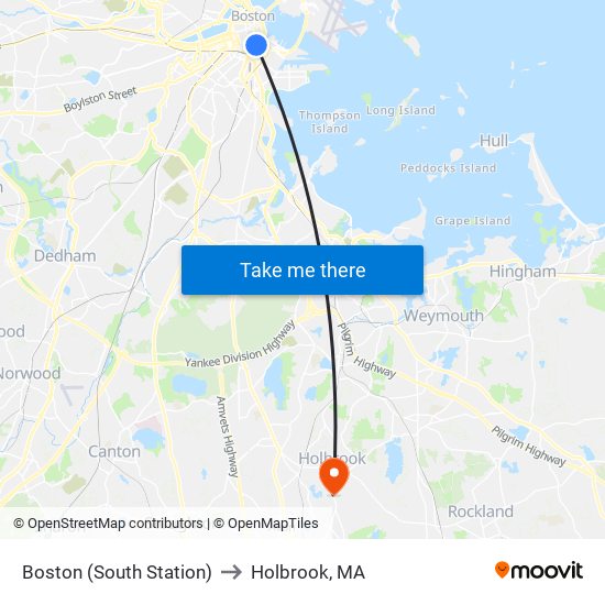 Boston (South Station) to Holbrook, MA map