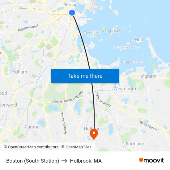Boston (South Station) to Holbrook, MA map